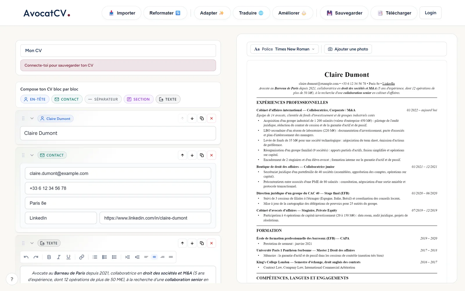 L'éditeur AvocatCV avec le CV d'une avocate en droit des sociétés